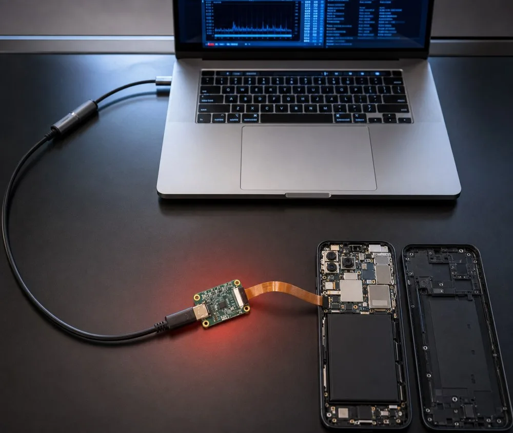 A dismantled phone with its camera ribbon connected to an interposer board and a laptop — a hardware video injection rig
