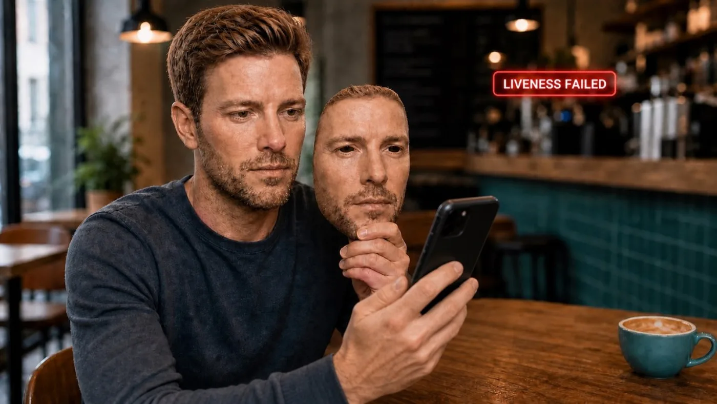 A man holding a lifelike silicone mask of his own face up to a phone camera, with the on-screen result reading Liveness Failed