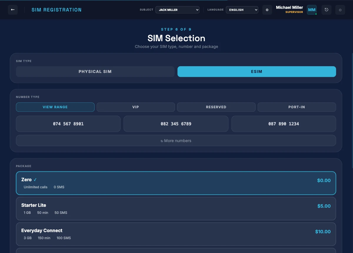 Polaris eSIM selection screen showing live number choices, VIP and reserved ranges, port-in and mobile packages