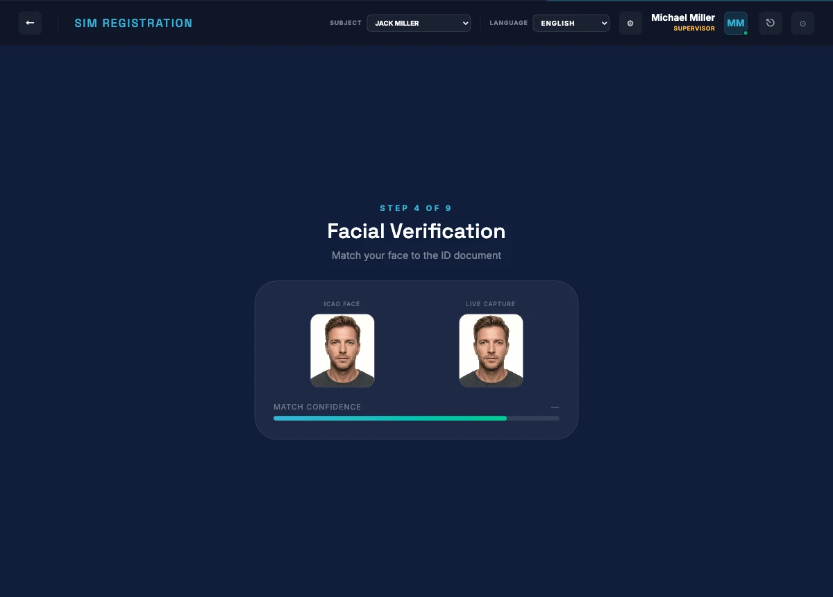 Polaris facial verification screen comparing the identity-document portrait with the live capture