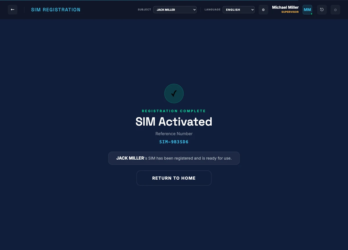 Polaris confirmation screen showing a SIM successfully registered and activated
