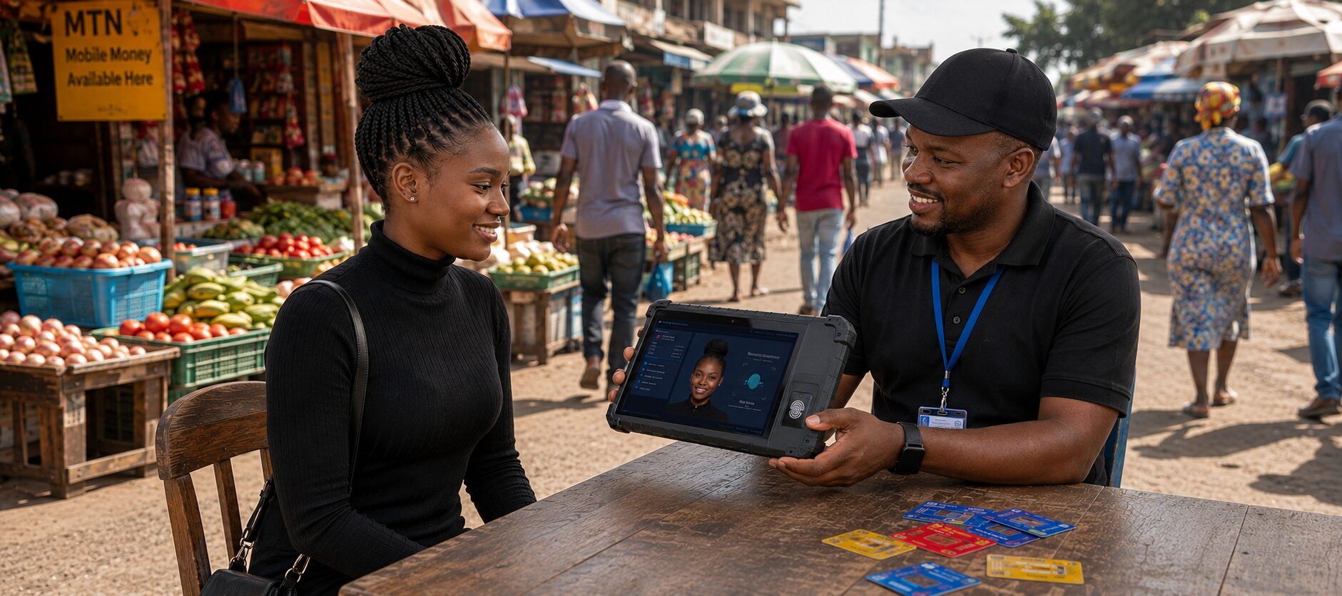 Axon field agent registering a subscriber's SIM at a busy market, tablet showing face and fingerprint verification