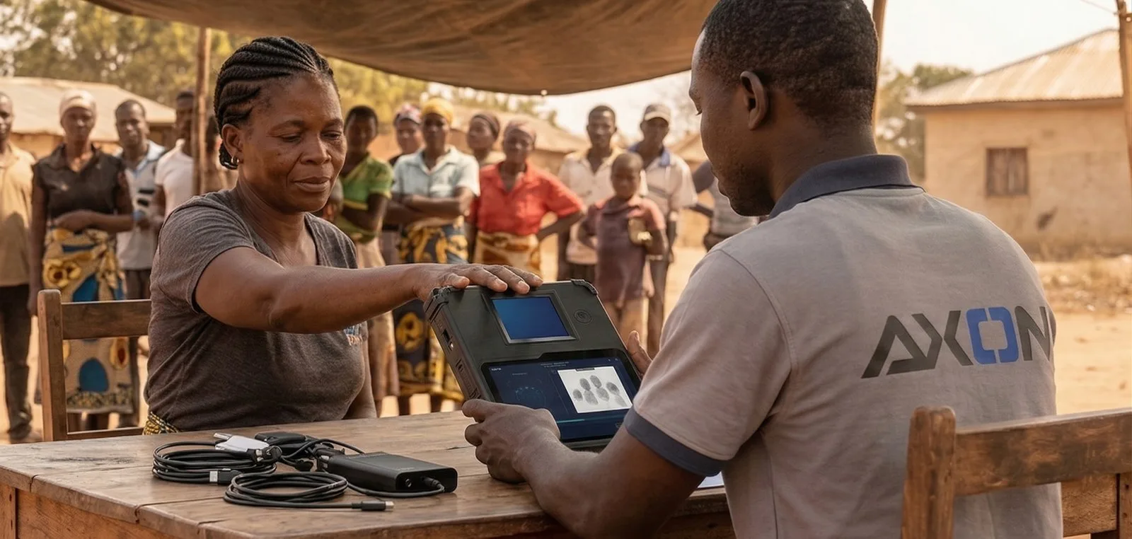 An Axon field agent capturing fingerprints on a rugged biometric enrolment device