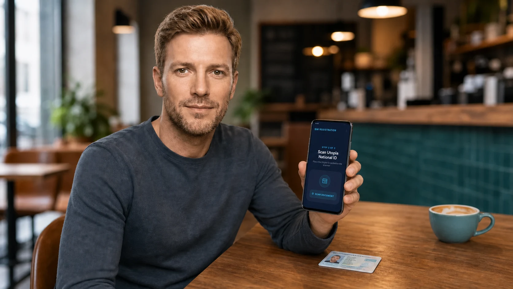 Jack self-registering at a coffee shop on a Samsung-style phone using the AXON national identity document capture step